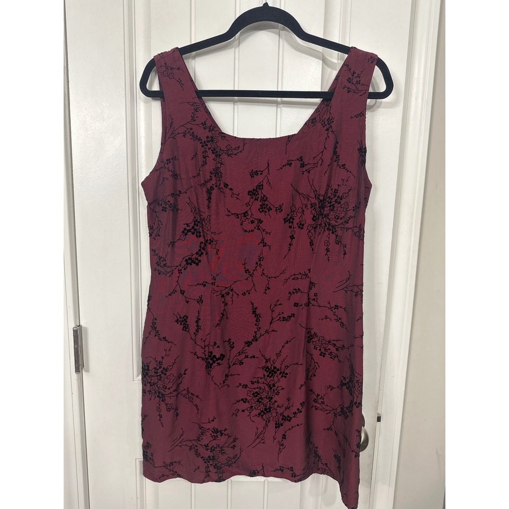 Vtg y2k Burgundy Floral Flocked Mini Dress Sleeveless Gothic Wine Red Black Med